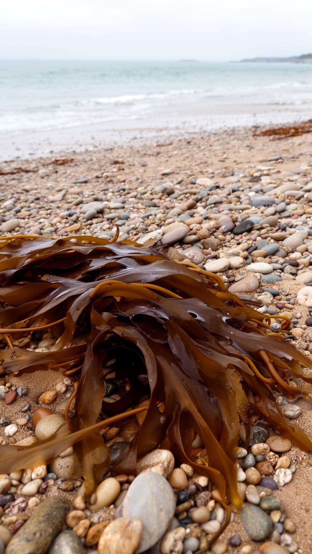 Fresh kelp washed up on a Cornish pebble beach