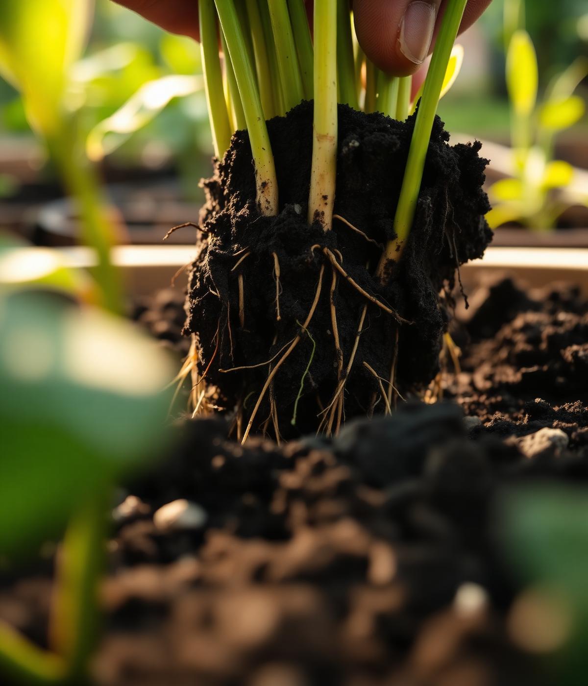 Healthy roots in dark living soil